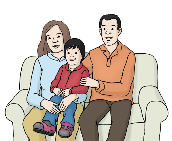 Mutter, Vater und Kind sitzen auf dem Sofa