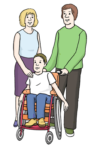 Mutter und Vater gemeinsam mit ihrem Kind im Rollstuhl
