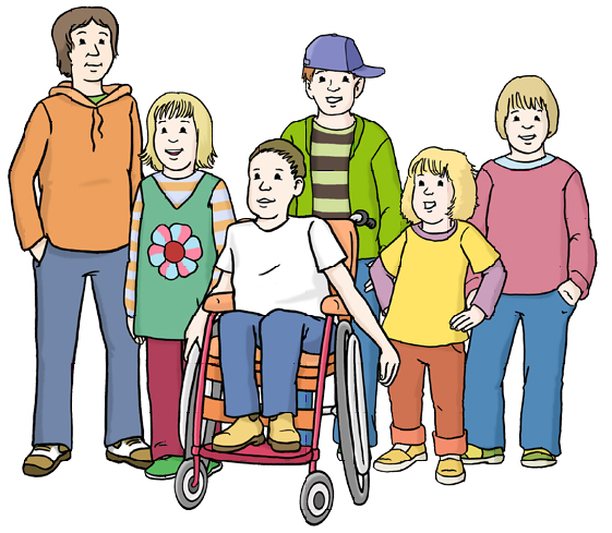 Gruppe von Kindern und Jugendlichen mit und ohne Behinderung