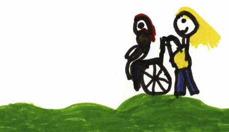 Kinderzeichnung: Mutti geht mit Kind im Rollstuhl spazieren von Johanna, 8 Jahre