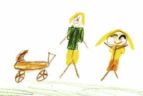 Kinderzeichnung: Mutter mit Kind und Kinderwagen