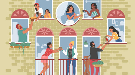 Nachbarschaftliches Treiben an Fenstern eines Mehrfamilienhauses