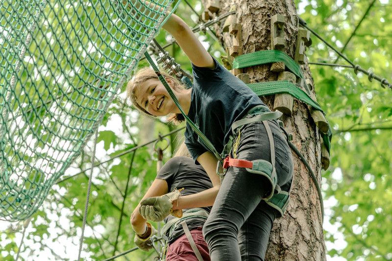 Kinder in einem Kletterpark im Wald