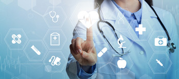 Touchbildschirm mit verschiedenen Gesundheitslogos. Ein Finger berührt den Bildschirm.